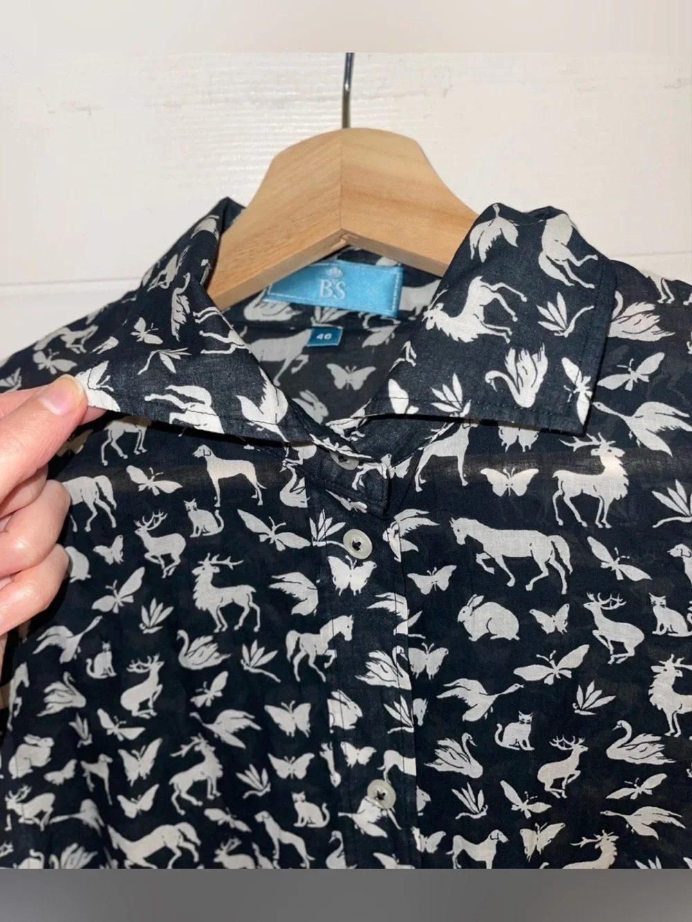 B.S Frankonia Black Sheer Cotton Button-Up Shirt Blouse with White Animal Print - Picture 4 of 11